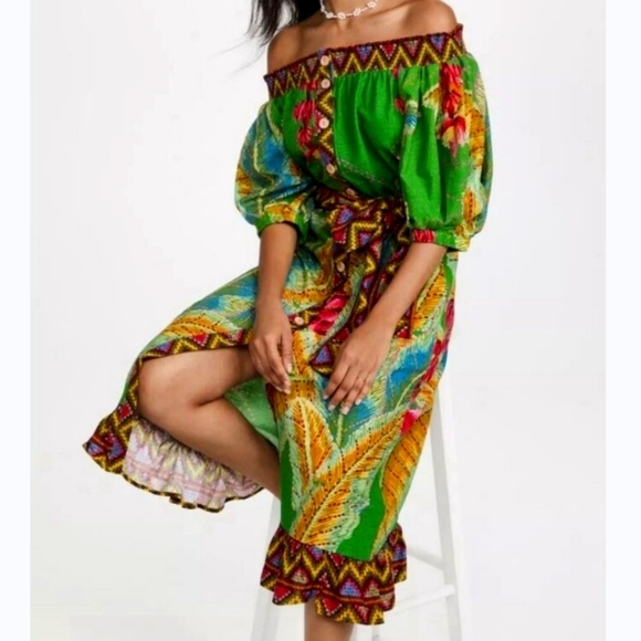 FARM Rio Dresses & Skirts - Farm Rio Banana Leaves Off The Shoulder Green Linen Blend Midi Belted Dress XS